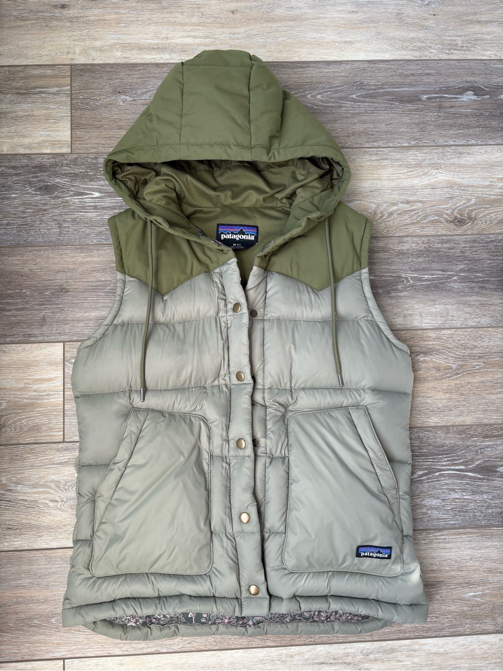 Patagonia Two-Tone Olive Green Hooded Puffer Vest